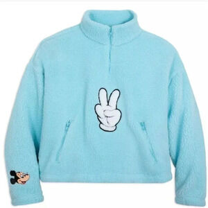 Disney Parks Mickey Mouse Peace Sign Blue Fleece Top for Women NEW WITH TAG (XL)